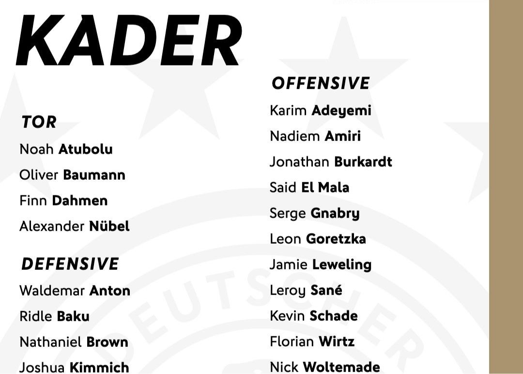 德国11月国际竞赛大名单出炉：维尔茨在列，小将马拉首入选